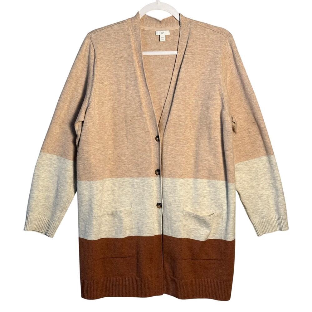 J Jill Sz Large Long Button Front Color Block Cardigan Sweater Neutral Lagenlook
